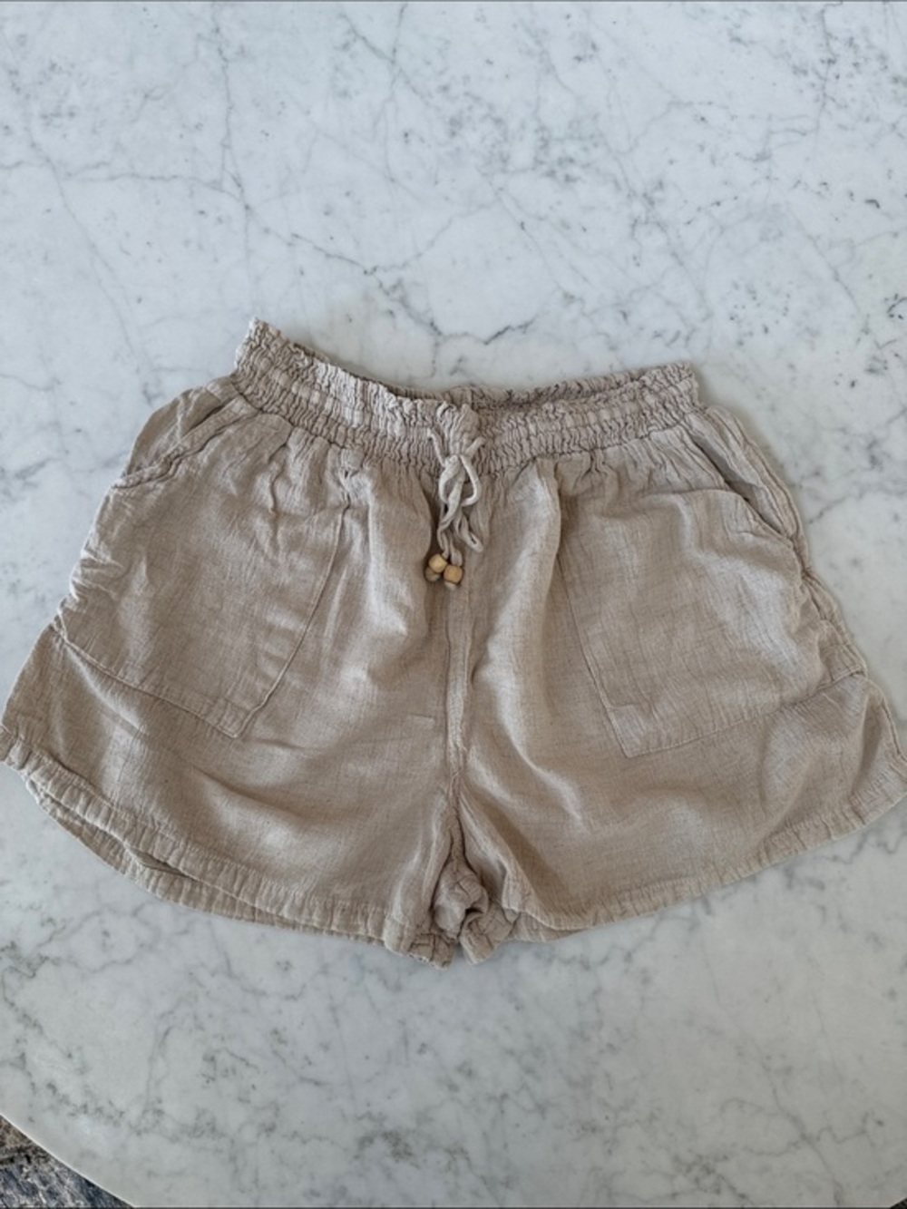 Raya Sun Women’s Linen Blend Shorts Tan Size M Elastic Waist Drawstring Summer